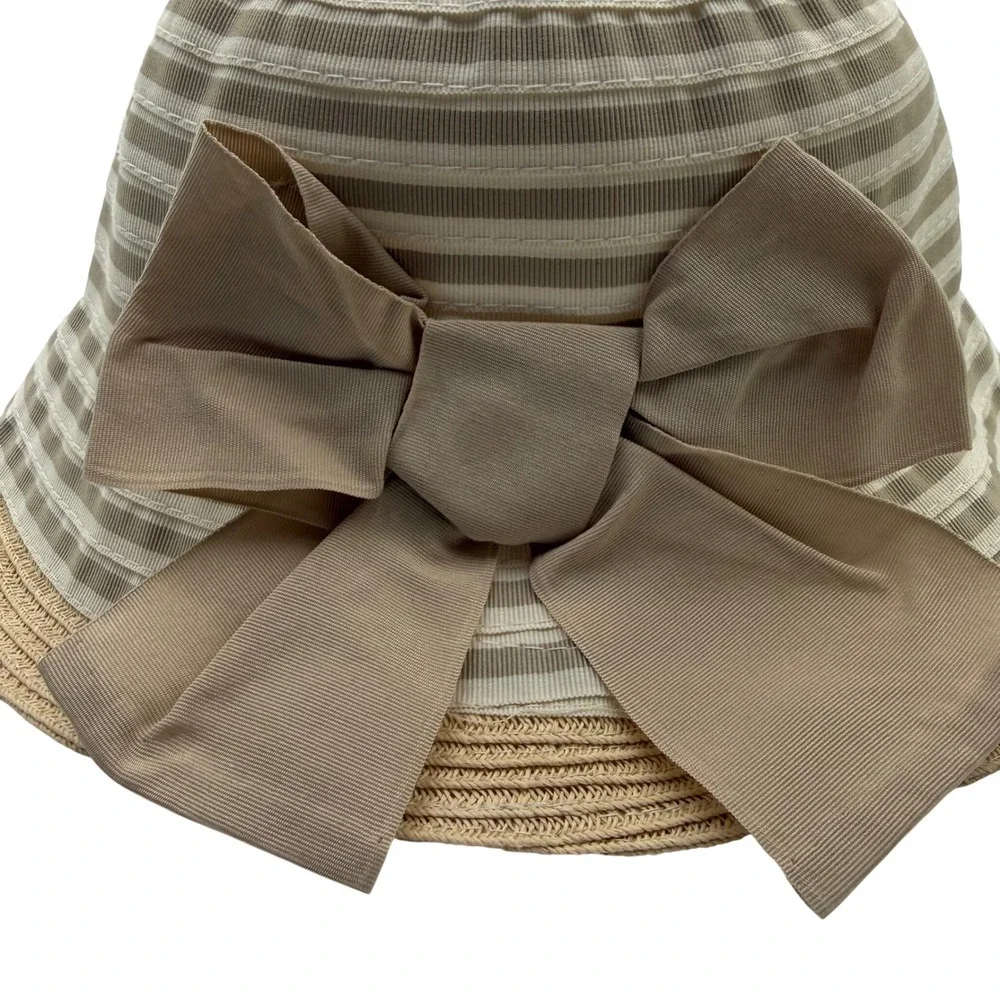 Girls Sun Hat Beige Striped Oversized Bow Character Label 50cm Boutique